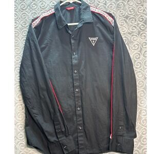 Guess Denimz Black Button Down Shirt Long‎ Sleeve Red Stripe Logo
